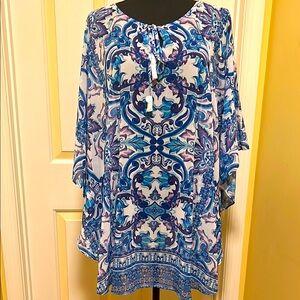 Susan Graver Blue, Purple and White Bell Sleeve Tunic NWOT.